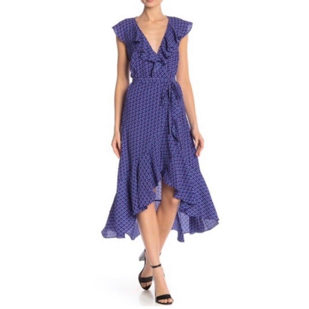 Max Studio Wrap Printed Blue Ruffle Dress Small
